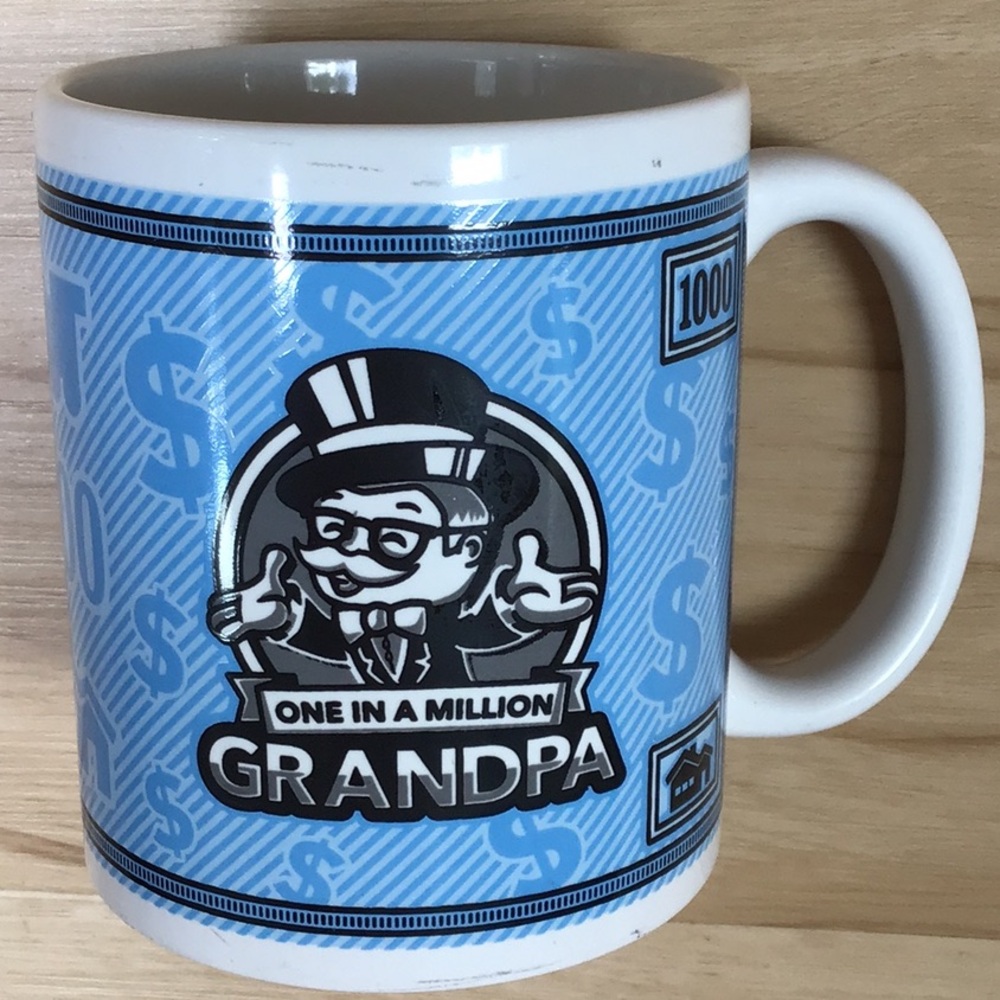 Monopoly Game 'One in a Million Grandpa'  Dollar Signs Blue &‎ White Mug